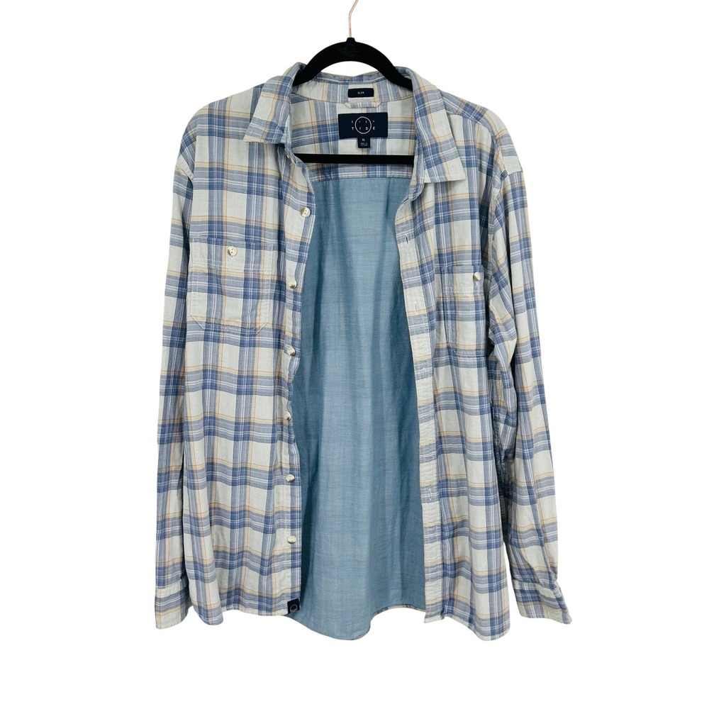 Even Tide Mens Plaid Button Down Shirt Slim Fit‎ Blue Tan XL
